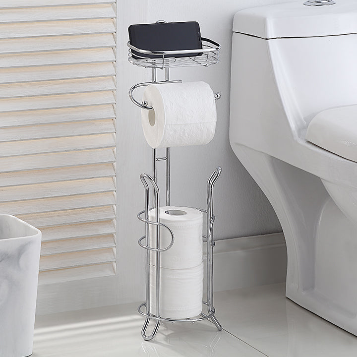 Bathroom Heavyweight Toilet Tissue Paper Roll Storage Holder Stand with Reserve and Shelve. Mega Rolls Available.