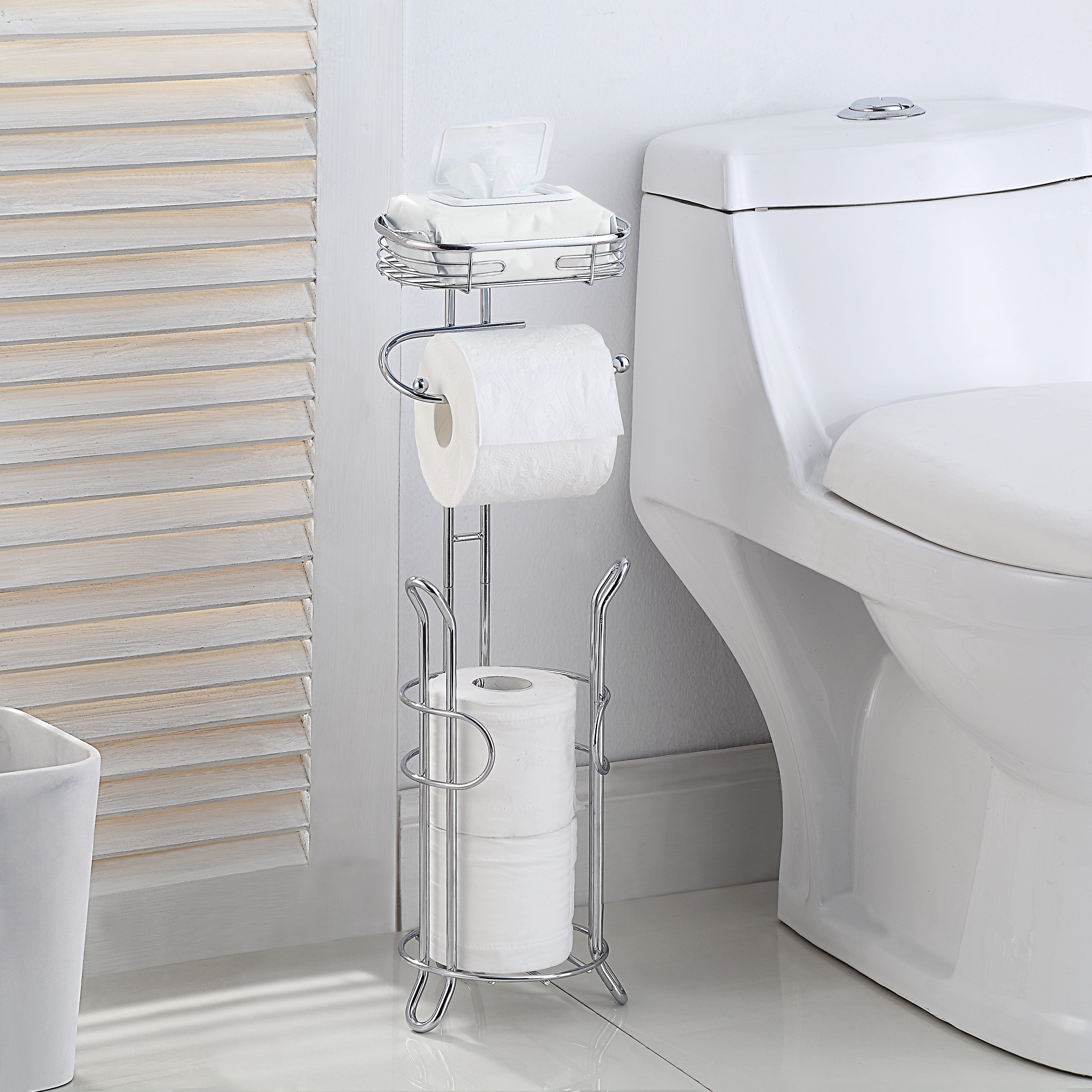 Bathroom Heavyweight Toilet Tissue Paper Roll Storage Holder Stand with Reserve and Shelve. Mega Rolls Available.
