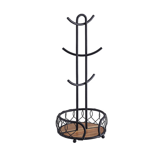 Heavy Wire Gauge 6 Mug Tree Countertop Holder, Coffee Mugs and Tea Cup Storage Rack with Small Storage Area (Mat Black, 18.2 x 7 x 7 Inch)