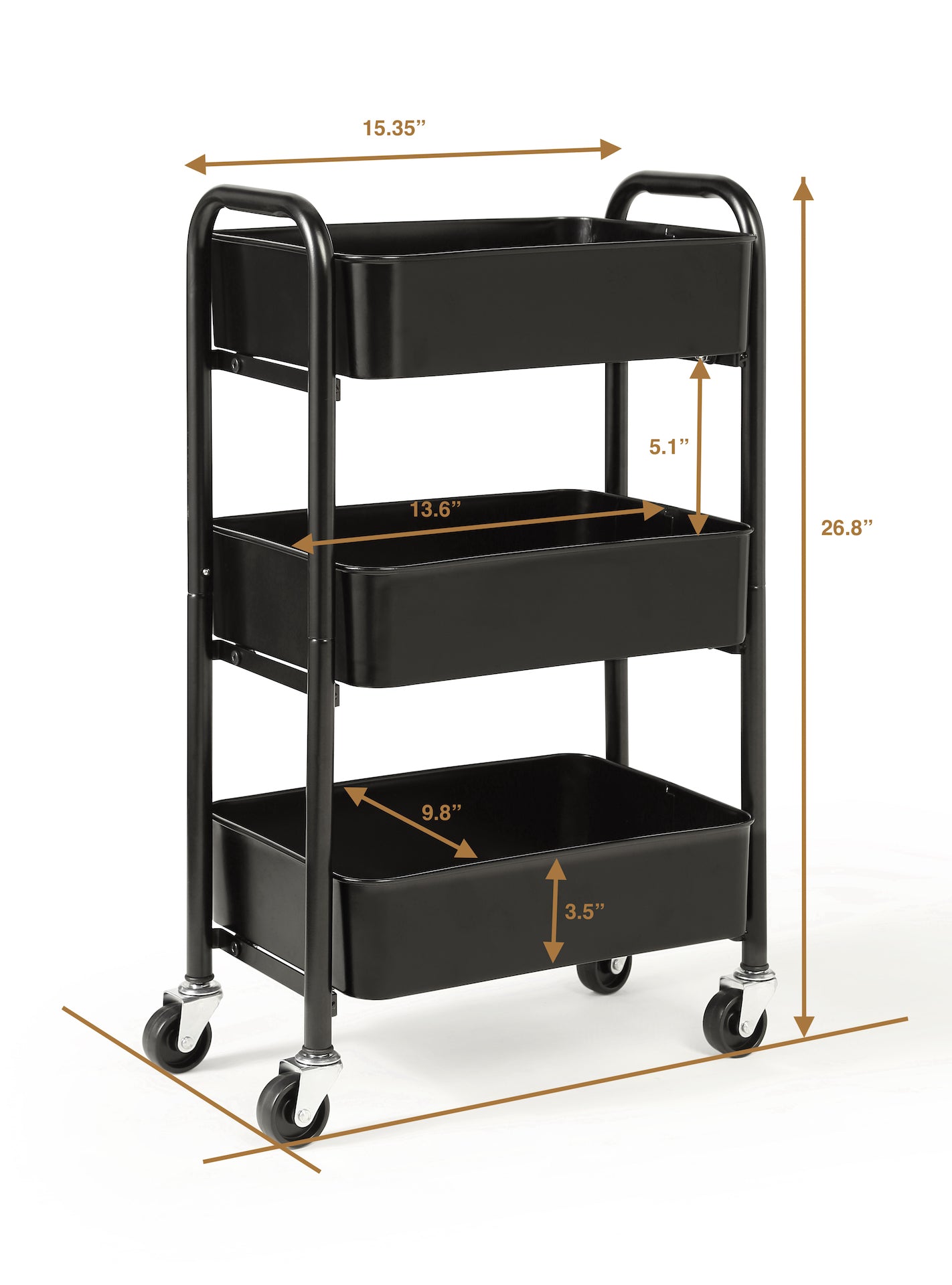 3-Tier Delicate Compact Rolling Metal Storage Organizer - Mobile Utility Cart Kitchen/Under Desk Cart with Caster Wheels