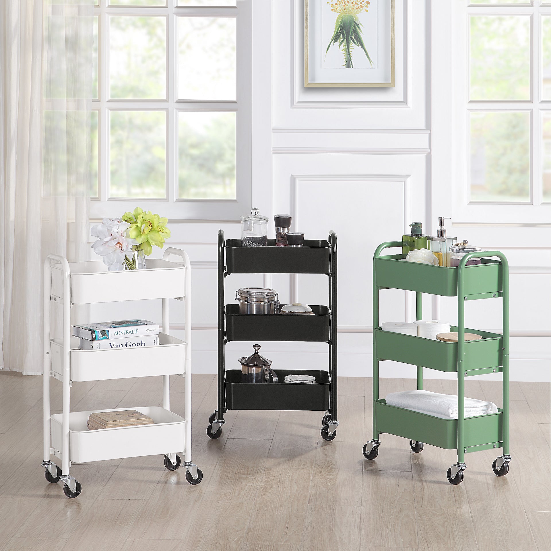 3-Tier Delicate Compact Rolling Metal Storage Organizer - Mobile Utility Cart Kitchen/Under Desk Cart with Caster Wheels
