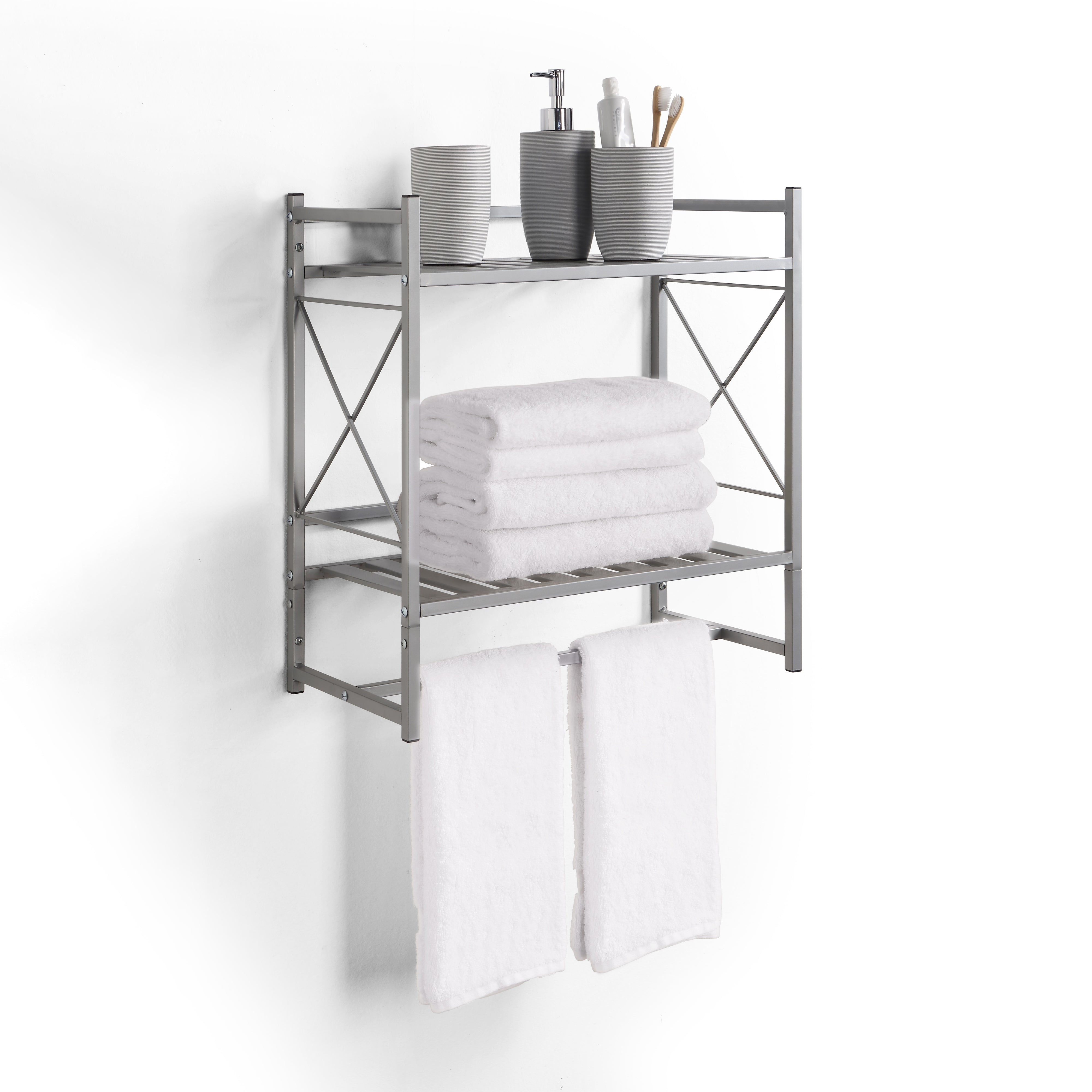 2 tier bathroom best sale shelf with towel bar